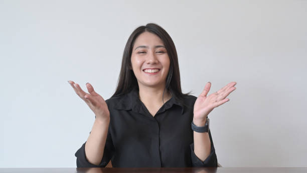 istock Smiling asian woman making video conference, online distant job interview. 1398250740