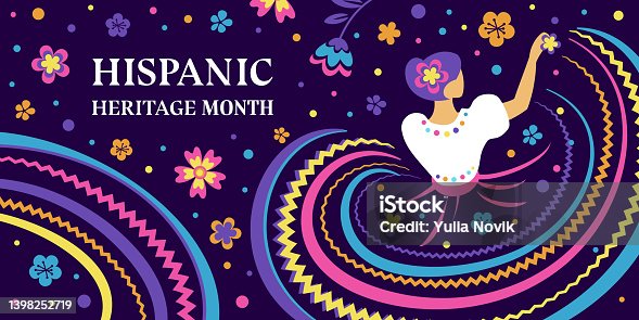 istock Hispanic heritage month. Vector web banner, poster, card for social media, networks. Greeting with national Hispanic heritage month text, flowers and dancing woman on floral pattern background 1398252719