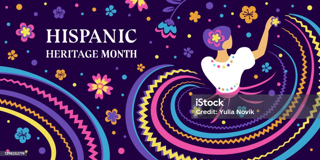 Hispanic heritage month. Vector web banner, poster, card for social media, networks. Greeting with national Hispanic heritage month text, flowers and dancing woman on floral pattern background Hispanic heritage month. Vector web banner, poster, card for social media, networks. Greeting with national Hispanic heritage month text, flowers and dancing woman on floral pattern background. National Hispanic Heritage Month stock vector