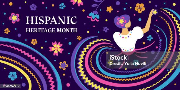 Hispanic Heritage Month Vector Web Banner Poster Card For Social Media Networks Greeting With National Hispanic Heritage Month Text Flowers And Dancing Woman On Floral Pattern Background Stock Illustration - Download Image Now