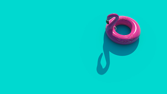 Pink Flamingo Rubber Ring Blue Green Turquoise Background Summer Sun Holiday Vacation Copy Space 3d illustration render