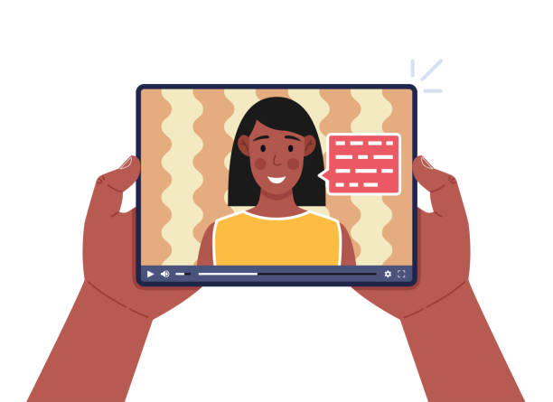아프리카 남자는 화면에 온라인 훈련과 태블릿을 들고 손. 아프리카 여성이 비디오로 이야기합니다. 원격 교육, 온라인 학습 개념. 벡터 일러스트레이션. - youtube ipad video internet stock illustrations