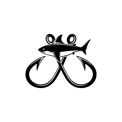 Shark and fishing hook. Design element for emblem, sign, badge. Vector illustration