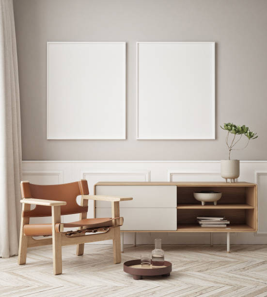 istock mock up poster frame in modern interior background, living room, Scandinavian style, 3D render, 3D illustration 1398257781
