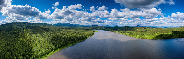 Southern Urals, Ural Mountains. Zyuratkul National Park, panorama of the Zyuratkul Lake. Aerial view.