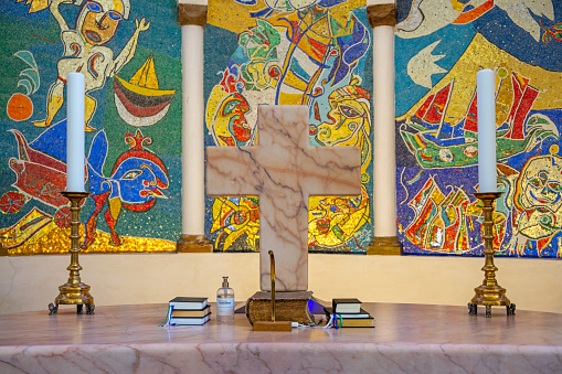 Modern altar made of the Danish COBRA painter Carl-Henning Petersen in 1982 in Ribe Domkirke, which is the oldest cathedral in Denmark. A great part of the building is from 1134 but it has been changed during the years. It is situated in Ribe town, which is the oldest town in Denmark and placed in the south western part of the peninsular Jutland