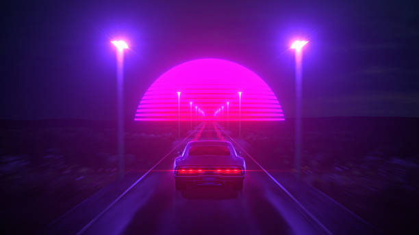 neonowy samochód retro na gaz. cyberpunkowa mgła deszcz i noc. kolorowe refleksy na asfalcie. ilustracja 3d. - speed lighting equipment night urban scene zdjęcia i obrazy z banku zdjęć