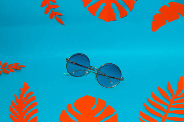 istock blue background with orange jungle leaf per frame, in the middle retro sunglasses, creative tropical design, holiday time 1398259698