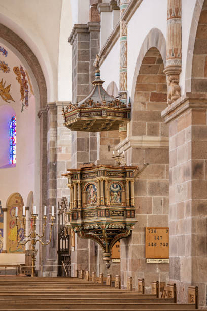 Old ornate wooden pulpit in Ribe Domkirke, which is the oldest cathedral in Denmark. A great part of the building is from 1134 but it has been changed during the years. It is situated in Ribe town, which is the oldest town in Denmark and placed in the south western part of the peninsular Jutland