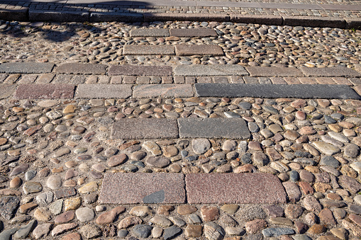 Zebra crossing made in cobblestones in the old Danish town Ribe in the south western part of the peninsular Jutland