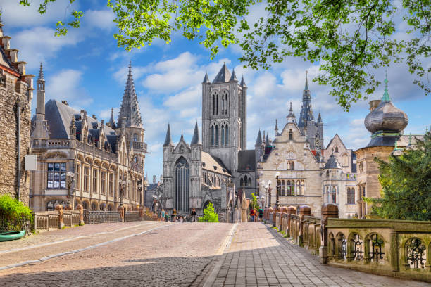 Historic city center skyline in Ghent, Belgium stock photo