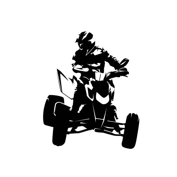 ilustraciones, imágenes clip art, dibujos animados e iconos de stock de silueta vectorial aislada de atv. dibujo de tinta, vista frontal - motorized sport motor racing track motorcycle racing auto racing