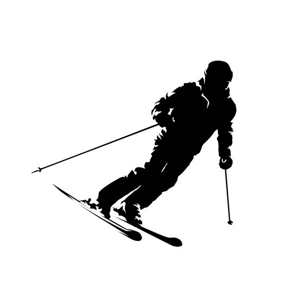 활강 스키어, 활동적인 노인, 잉크 드로잉. 격리된 벡터 실루엣입니다. 겨울 스키 - ski insurance stock illustrations