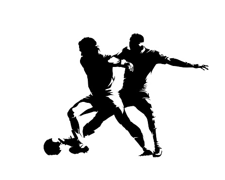Soccer players, isolated vector silhouette. Two footballers with ball
