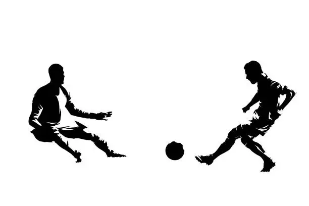 Vector illustration of Soccer players, attacker shoots, goalie jumps. Isolated ink drawing vector silhouette