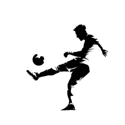 Soccer player kicking ball, isolated vector silhouette, ink drawing