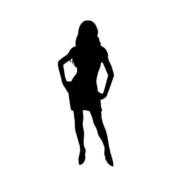 엉덩이에 손을 들고 서있는 비즈니스 여성, 짧은 드레스, 정면에서 섹시한 슬림 한 여성. 격리 벡터 실루엣 - sexy girls stock illustrations