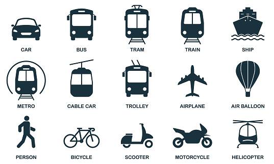 Transportation Silhouette Icon Set. Public Transport Station Glyph Symbol. Railway, Motorcycle, Vehicle, Air Transport Pictogram. Travel Transport Design. Isolated Vector Illustration.