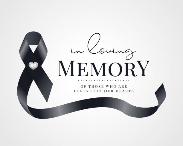 In loving memory, of those who are forever in our hearts text and black ribbon with heart button are roll waving below vector design In loving memory, of those who are forever in our hearts text and black ribbon with heart button are roll waving below vector design support borders stock illustrations