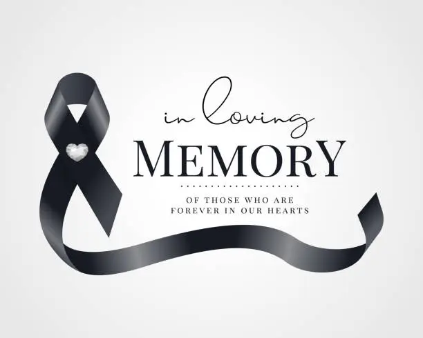 Vector illustration of In loving memory, of those who are forever in our hearts text and black ribbon with heart button are roll waving below vector design