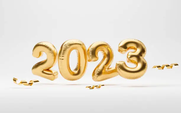 Photo of 2023 golden balloon on white background for for preparation happy new year , merry Christmas and start new business concept by realistic 3d render.