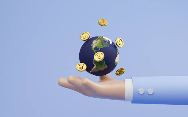 Businessman holding virtual world with golden currency coins include dollar Euro Yen Pound Yuan for money exchange and transfer concept by 3d render illustration.Element of this image from NASA. el hombre de negocios que sostiene el mundo virtual con monedas de moneda de oro incluye dólar euro yen libra yuan para el cambio de dinero y el concepto de transferencia por ilustración de renderizado en 3d. o de esta imagen de la nasa.
