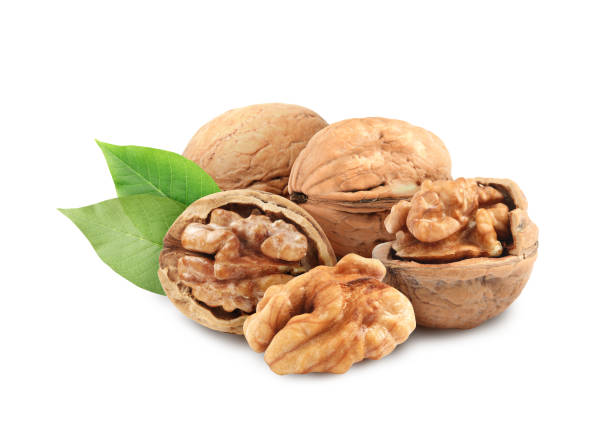 istock Tasty walnuts and green leaves on white background 1398266657