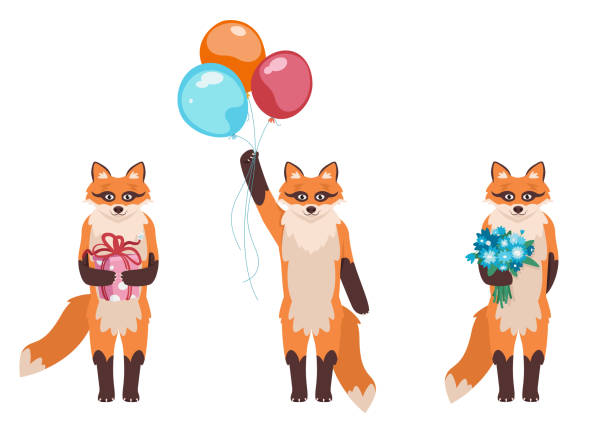 lis z różnymi atrybutami świątecznymi. - birthday balloon bouquet clip art stock illustrations