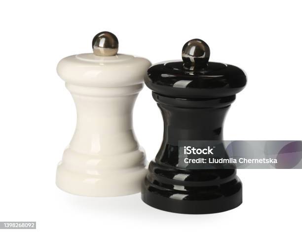 Wooden Salt And Pepper Shakers Isolated On White Spice Mill Stock Photo - Download Image Now