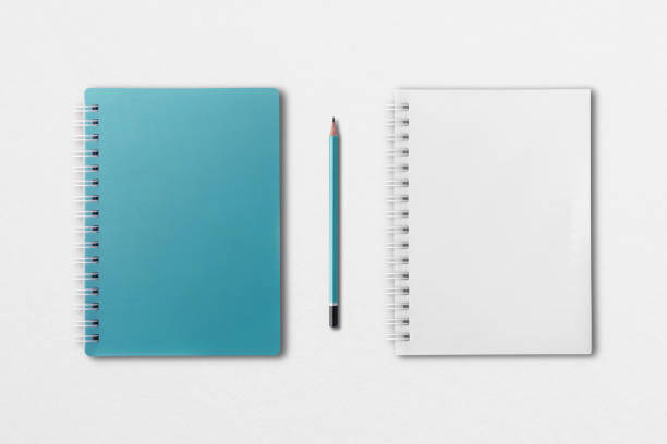 blue notebook and pencil placed on white paper background - spiral notebook imagens e fotografias de stock