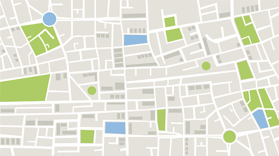 Vector illustration of top view of city details with technological map. In this map, the white color represents the roads in the city, the gray color represents the buildings and apartments, the green color represents the green areas such as parks and gardens, and the blue color represents the wet areas of the city. Location and navigation concepts.