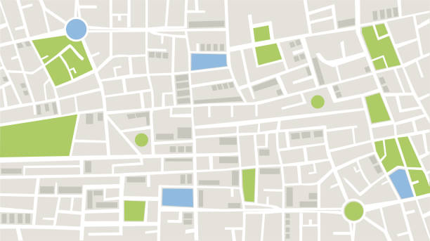 City location vector illustration. Detailed top view. Location and navigation services concept. City Urban Streets Roads Abstract Map, Vector illustration of top view of city details with technological map. In this map, the white color represents the roads in the city, the gray color represents the buildings and apartments, the green color represents the green areas such as parks and gardens, and the blue color represents the wet areas of the city. Location and navigation concepts. map stock illustrations
