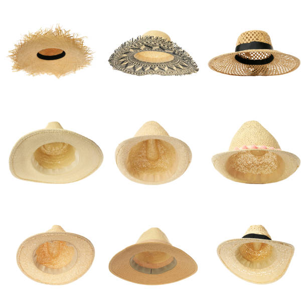istock Set with different straw hats on white background. Stylish headdress 1398268724