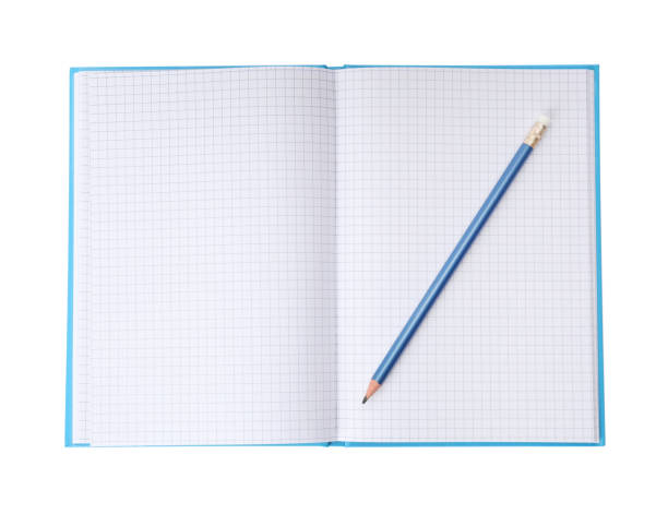 istock Open notebook with blank sheets and pencil isolated on white, top view 1398268730