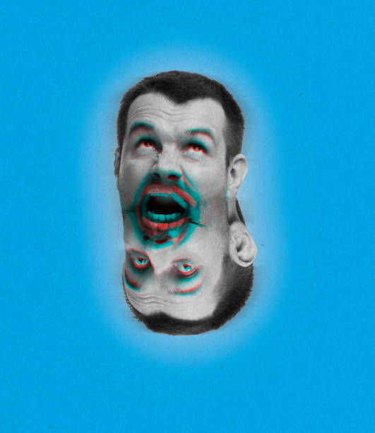 Despair. Contemporary art collage with male head and its reflection, projection isolated over blue background. Concept of psychology, split personality, self-acceptance. Creativity, inspiration, surrealism.
