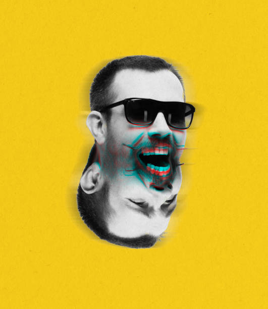 Contemporary art collage with male head and its reflection, projection isolated over yellow background. Concept of psychology, split personality, self-acceptance. Creativity, inspiration, surrealism.