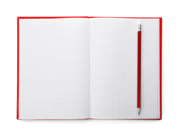istock Stylish open notebook with blank sheets and pencil isolated on white, top view 1398269671