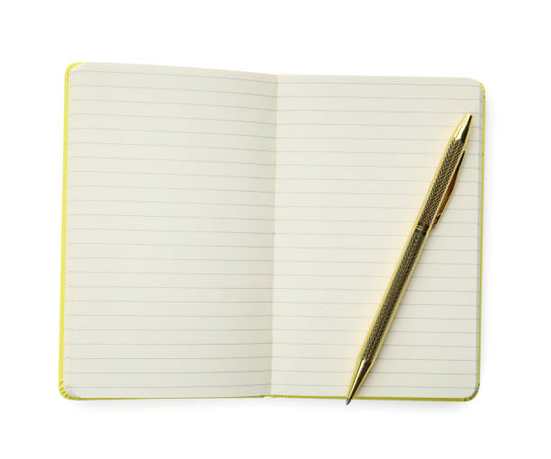 istock Stylish open notebook with blank sheets and pen isolated on white, top view 1398269676