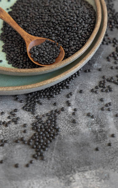 istock Plate of dry black lentils beans with a spoon on grey table close up, protein source for vegetarian diet 1398269753