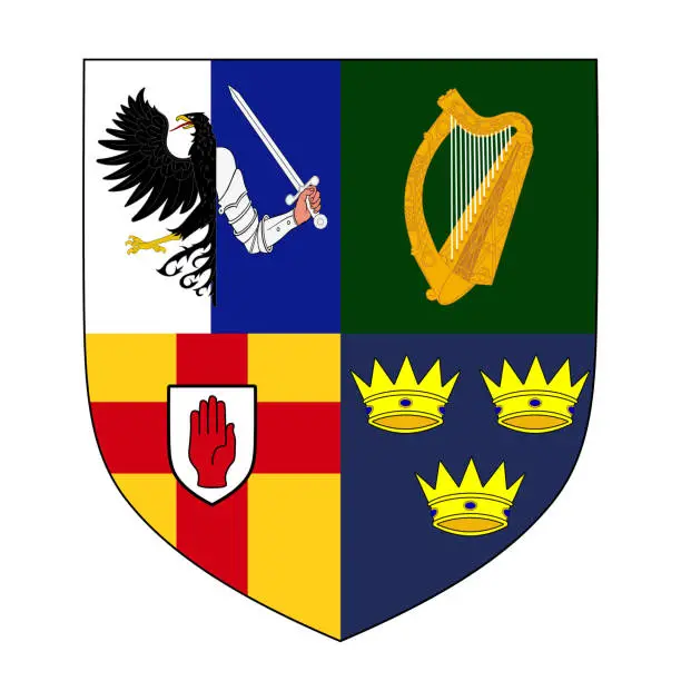 Vector illustration of Coat of arms of the Four Provinces of Ireland - Connacht, Leinster, Munster and Ulster. Provincials coat of arms combined. Vector illustration.
