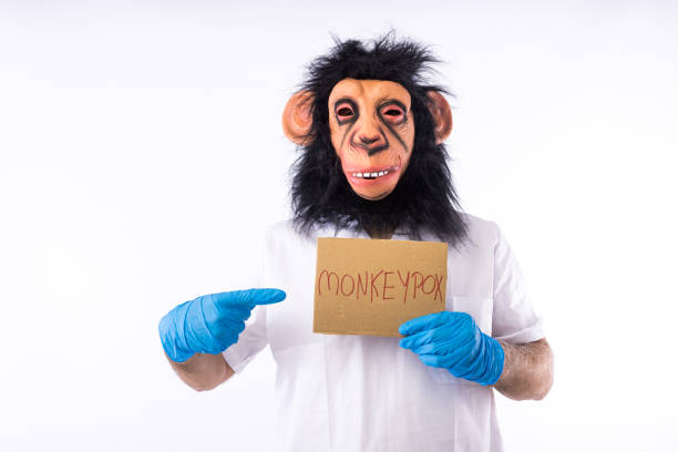 Person dressed as a monkey with a mask, wearing a medical nurse outfit, holding a sign that reads: 'MONKEYPOX', on white background. Pandemic, virus, epidemic, Nigeria, smallpox and monkey concept stock photo