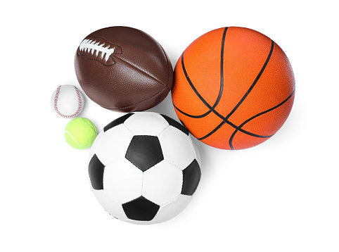 Set of different sport balls on white background, top view