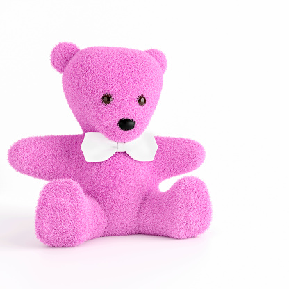3d render illustration of a cute stuffed toy bear with white bow tie  on white background.