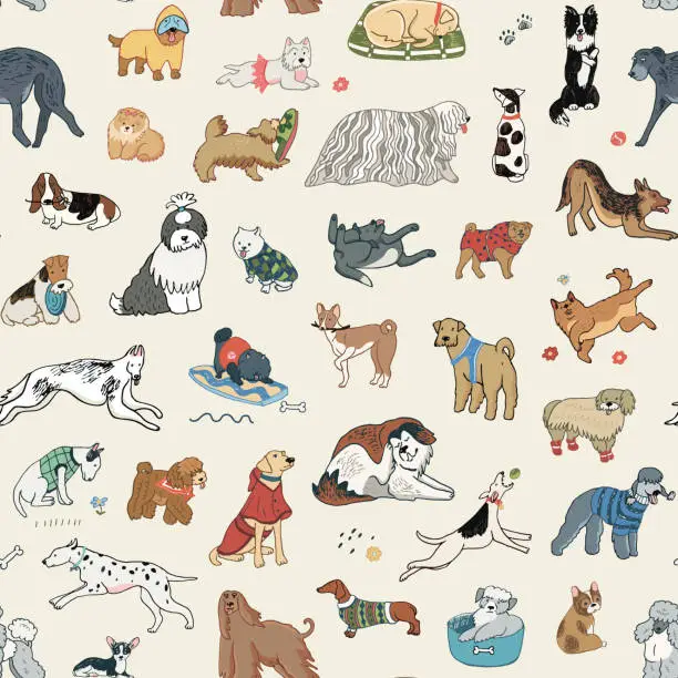 Vector illustration of Dogs funny pets vector seamless pattern