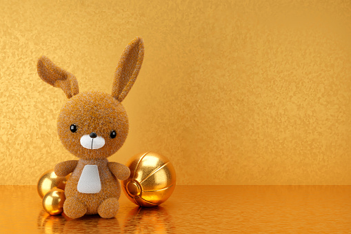 3d render illustration of toy rabbit on gold display shelf. Kid room mock up.