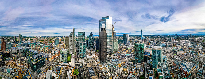 The aerial view of skyscrappers of the City of London in summer