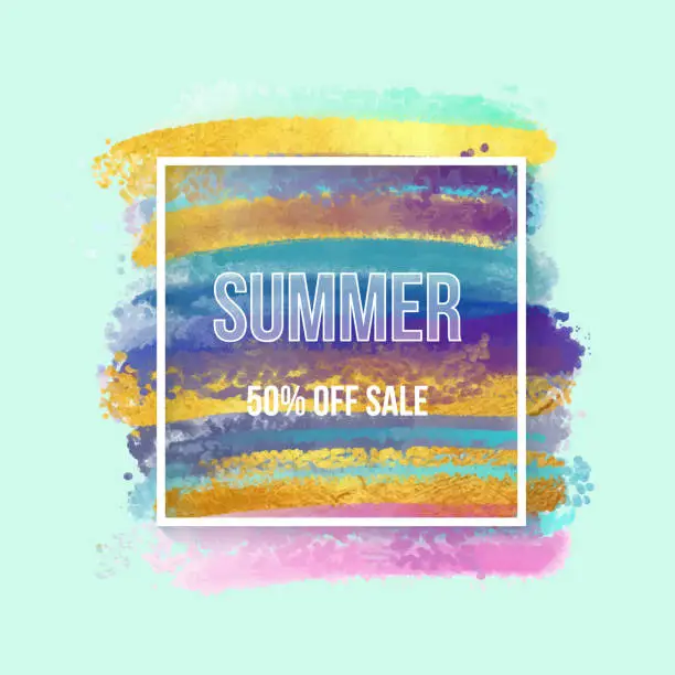 Vector illustration of Summer Sale Poster. Hand Drawn Gold Foil Textured Multi Colored Paint Brush Strokes Background. Vibrant Colored Brush Strokes Clip Art. Elegant Texture Design Element for Greeting Cards, Business Cards and Labels, Abstract Background.
