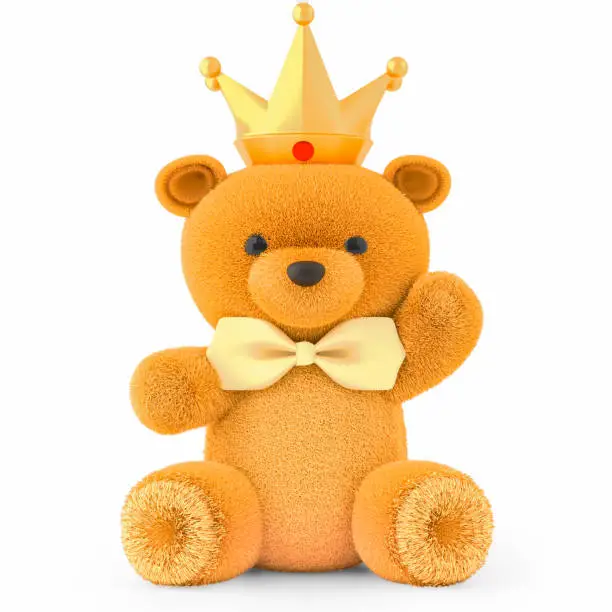 Photo of 3d render illustration of a cute stuffed toy bear with gold crown on white background.