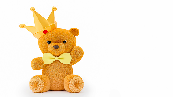 3d render illustration of a cute stuffed toy bear with crown on white background.
