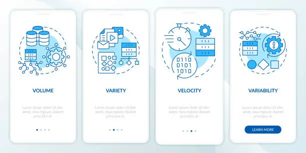 Vector illustration of Characteristics of big data blue onboarding mobile app screen